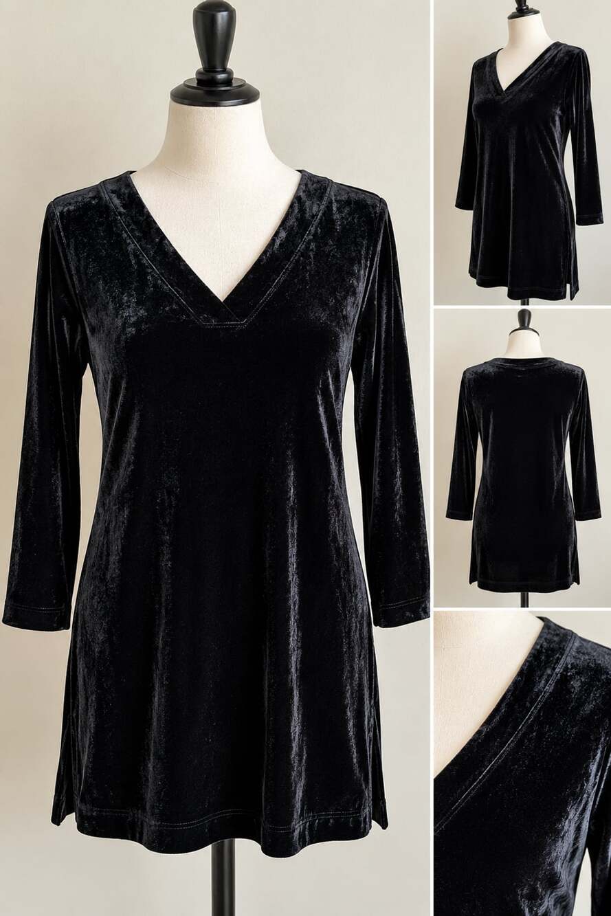 Lands' End Velvet Tunic XS Petite Black V-Neck 3/4 Sleeve NWT